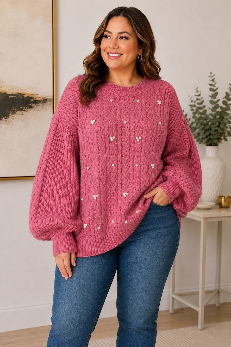Jaclyn Smith Pink Pearl Cable Knit Sweater 2X